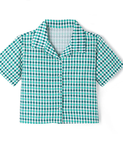 Green Premium Cotton Bio Finish Half Sleeves Checks Printed Collar Style T-Shirt & Shorts Co-ord Set for Girls
