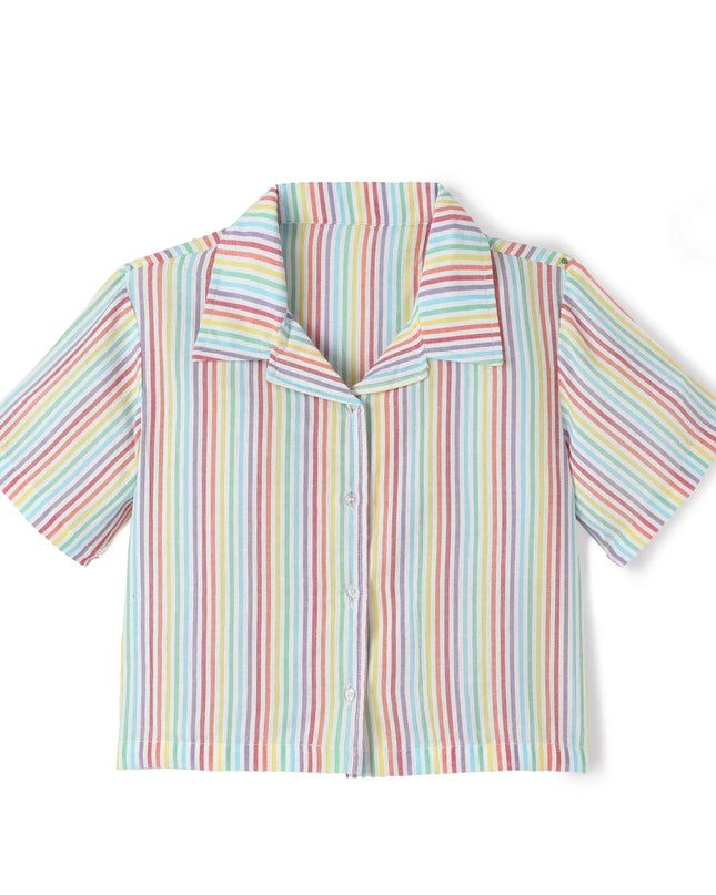 Multicolor Premium Cotton Bio Finish Half Sleeves Stripe Printed Collar Style T-Shirt & Shorts Co-ord Set for Girls