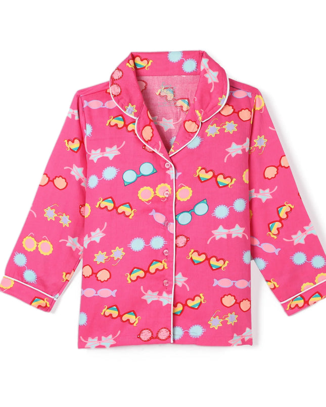 Pink Premium Cotton Full Sleeves Printed Collar Style Pyjama & T-Shirt Set for Girls