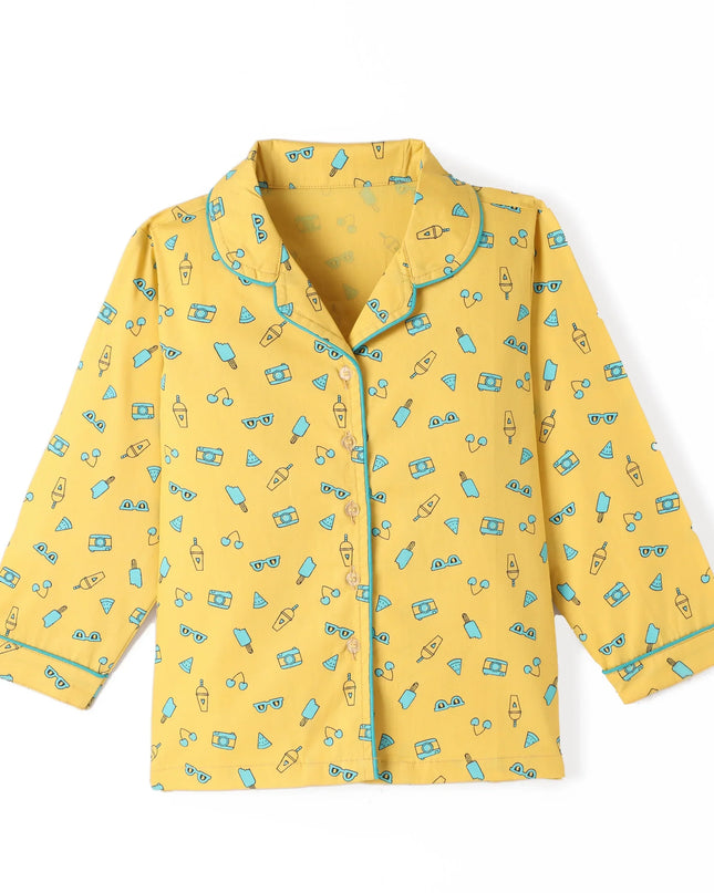 Yellow Premium Cotton Full Sleeves Printed Collar Style Pyjama & T-Shirt Set for Boys & Girls