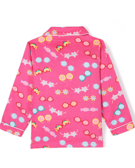 Pink Premium Cotton Full Sleeves Printed Collar Style Pyjama & T-Shirt Set for Girls
