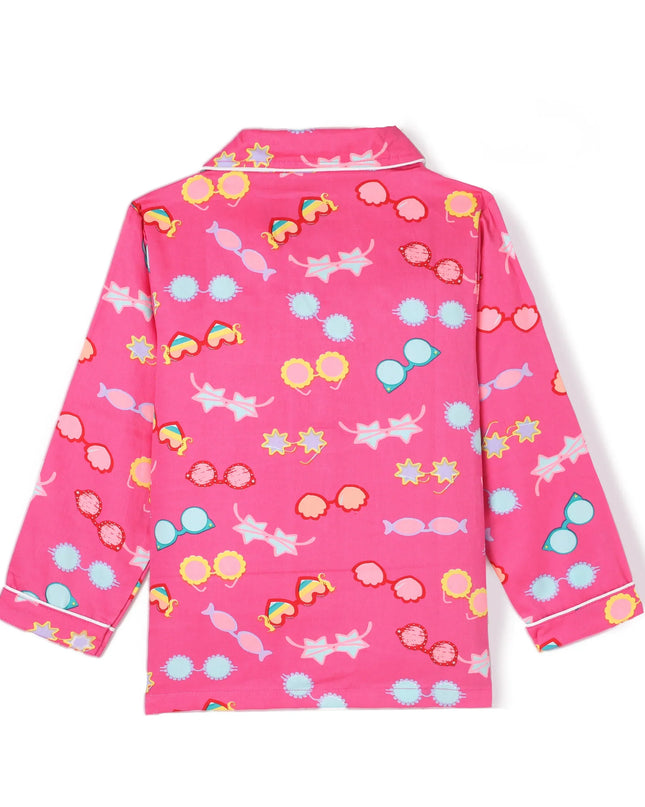 Pink Premium Cotton Full Sleeves Printed Collar Style Pyjama & T-Shirt Set for Girls