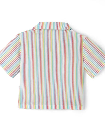 Multicolor Premium Cotton Bio Finish Half Sleeves Stripe Printed Collar Style T-Shirt & Shorts Co-ord Set for Girls