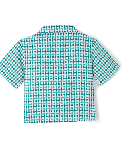 Green Premium Cotton Bio Finish Half Sleeves Checks Printed Collar Style T-Shirt & Shorts Co-ord Set for Girls