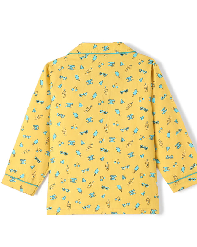 Yellow Premium Cotton Full Sleeves Printed Collar Style Pyjama & T-Shirt Set for Boys & Girls