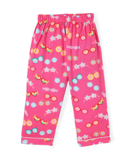 Pink Premium Cotton Full Sleeves Printed Collar Style Pyjama & T-Shirt Set for Girls
