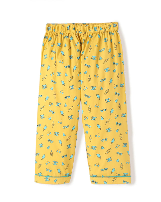 Yellow Premium Cotton Full Sleeves Printed Collar Style Pyjama & T-Shirt Set for Boys & Girls