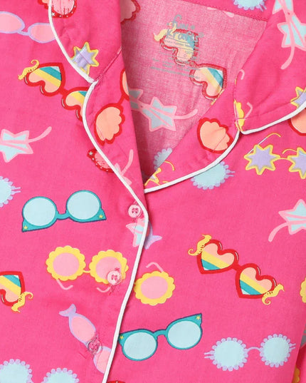 Pink Premium Cotton Full Sleeves Printed Collar Style Pyjama & T-Shirt Set for Girls