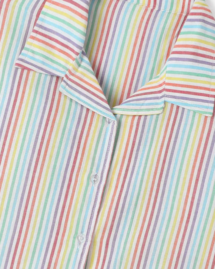 Multicolor Premium Cotton Bio Finish Half Sleeves Stripe Printed Collar Style T-Shirt & Shorts Co-ord Set for Girls