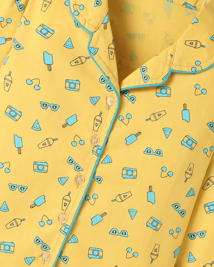 Yellow Premium Cotton Full Sleeves Printed Collar Style Pyjama & T-Shirt Set for Boys & Girls