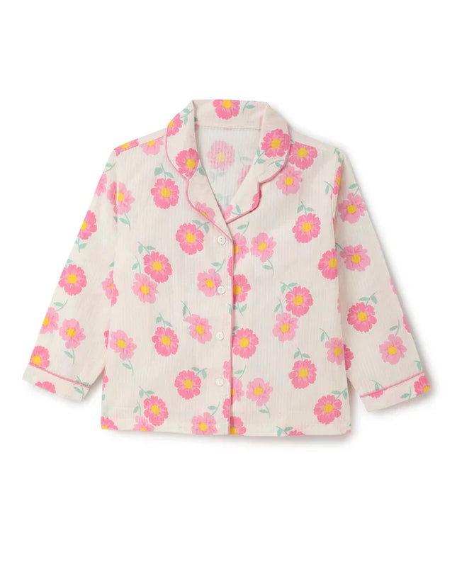 Off White & Pink Premium Cotton Full Sleeves Floral Printed Collar Style Nightsuit for Girls