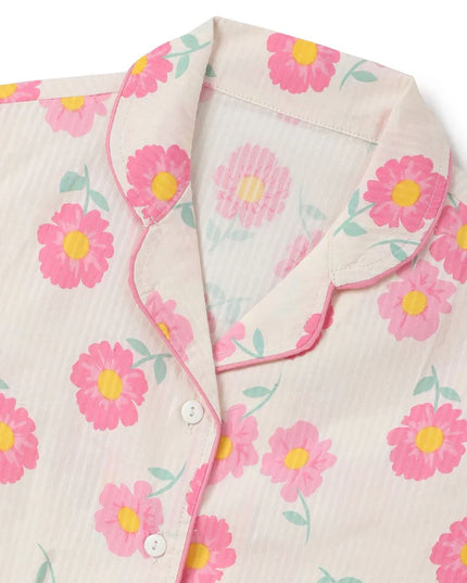 Off White & Pink Premium Cotton Full Sleeves Floral Printed Collar Style Nightsuit for Girls