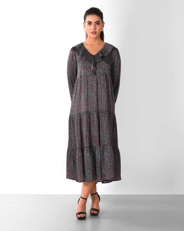 Boho Chic Printed Midi Dress with Ruffle Collar & Tiered Hem