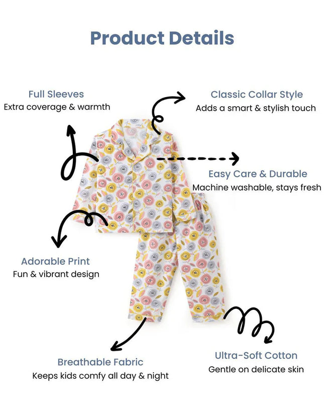 Multicolor Premium Cotton Full Sleeves Floral Printed Collar Style Nightsuit for Girls