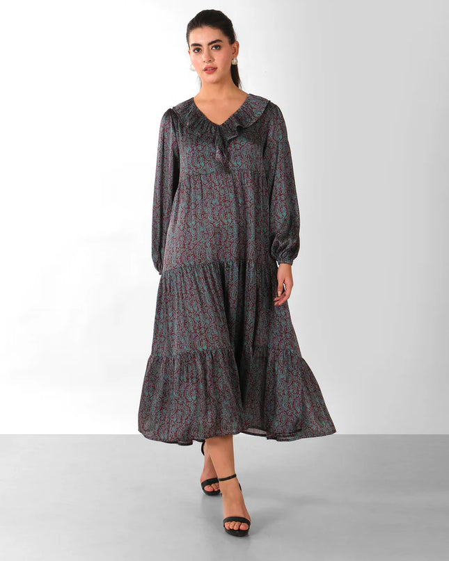 Boho Chic Printed Midi Dress with Ruffle Collar & Tiered Hem