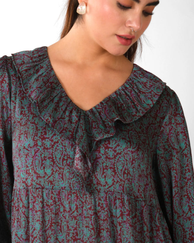 Boho Chic Printed Midi Dress with Ruffle Collar & Tiered Hem