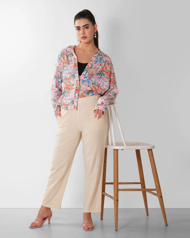 Beige Cotton-Linen Tapered Summer Trousers