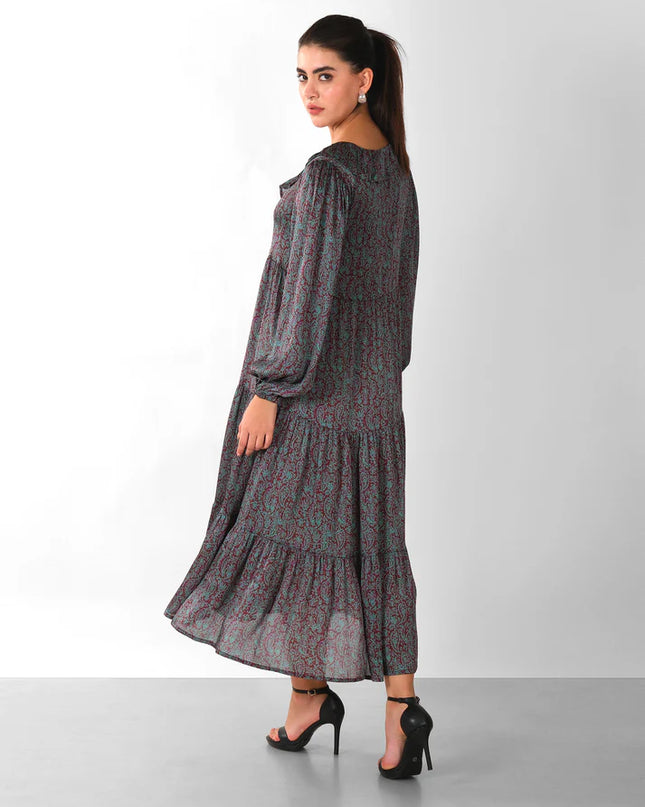 Boho Chic Printed Midi Dress with Ruffle Collar & Tiered Hem