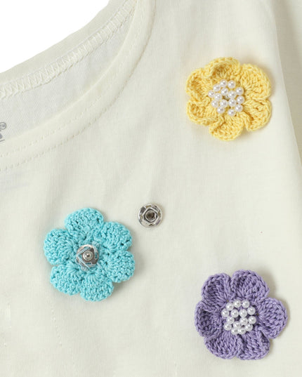Girls Premium Cotton White T-Shirt & Shorts Set with Multicolor Crochet Flower