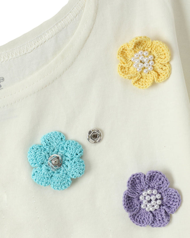 Girls Premium Cotton White T-Shirt & Shorts Set with Multicolor Crochet Flower