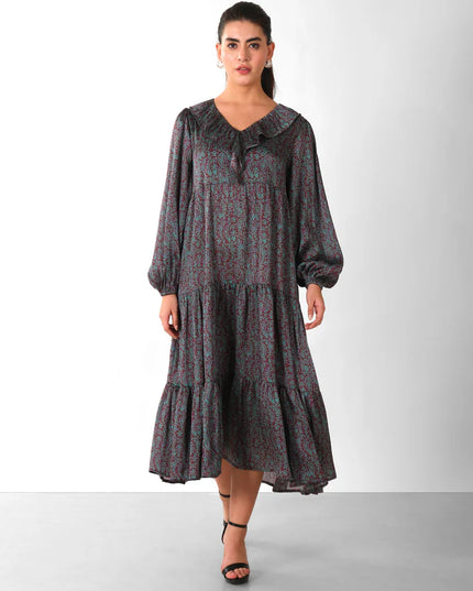 Boho Chic Printed Midi Dress with Ruffle Collar & Tiered Hem