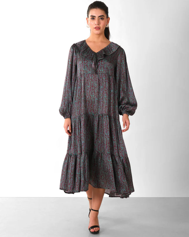 Boho Chic Printed Midi Dress with Ruffle Collar & Tiered Hem