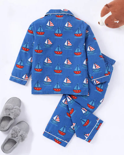 Blue Ship Printed Cotton Night Suit for Boys & Girls