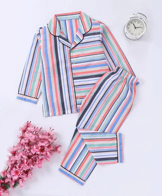 Multi-Color Stripe Vibe Collar Style Nightsuit for Kids