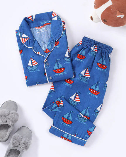 Blue Ship Printed Cotton Night Suit for Boys & Girls