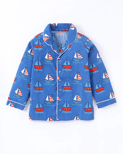 Blue Ship Printed Cotton Night Suit for Boys & Girls