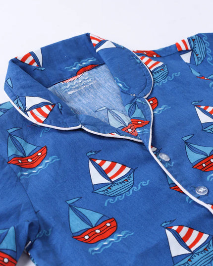 Blue Ship Printed Cotton Night Suit for Boys & Girls