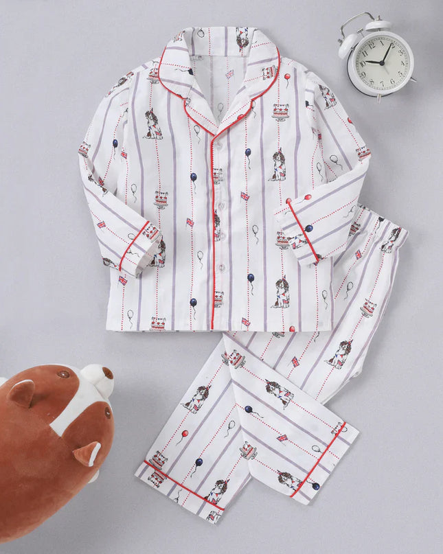 White Puppy Printed Pure Cotton Night Suit for Kids