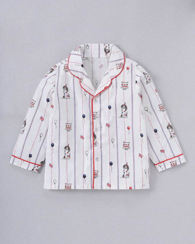 White Puppy Printed Pure Cotton Night Suit for Kids