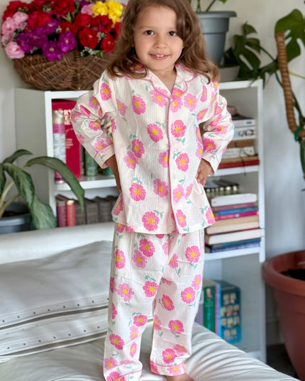 Off White & Pink Premium Cotton Full Sleeves Floral Printed Collar Style Nightsuit for Girls