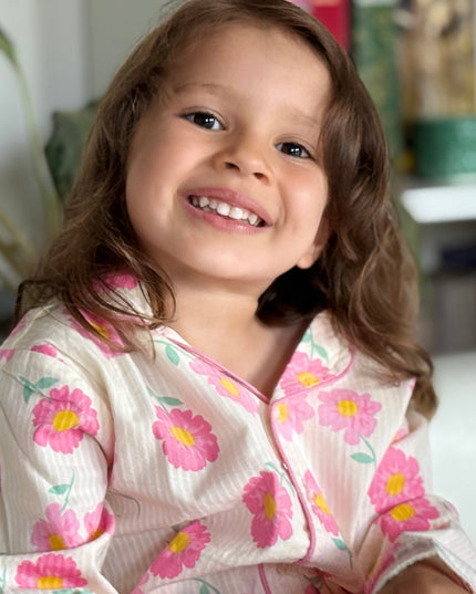 Off White & Pink Premium Cotton Full Sleeves Floral Printed Collar Style Nightsuit for Girls