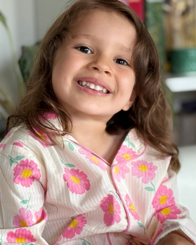 Off White & Pink Premium Cotton Full Sleeves Floral Printed Collar Style Nightsuit for Girls