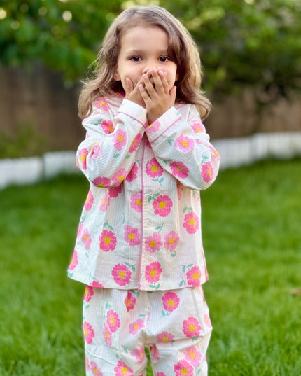 Off White & Pink Premium Cotton Full Sleeves Floral Printed Collar Style Nightsuit for Girls