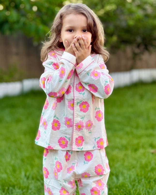 Off White & Pink Premium Cotton Full Sleeves Floral Printed Collar Style Nightsuit for Girls