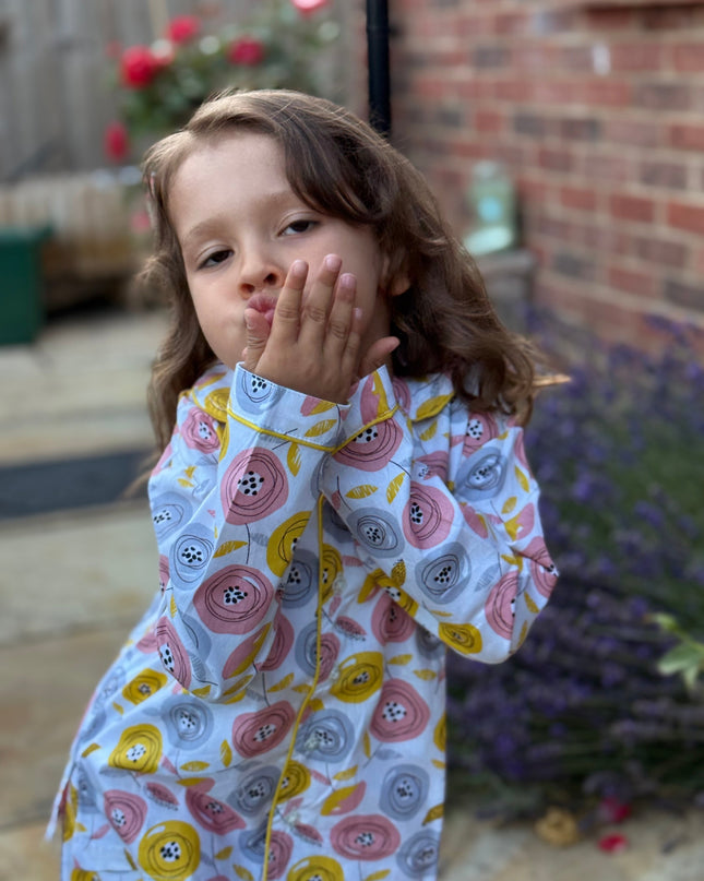 Multicolor Premium Cotton Full Sleeves Floral Printed Collar Style Nightsuit for Girls