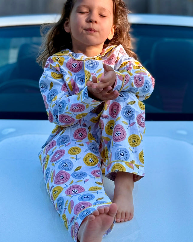 Multicolor Premium Cotton Full Sleeves Floral Printed Collar Style Nightsuit for Girls