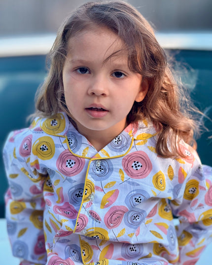 Multicolor Premium Cotton Full Sleeves Floral Printed Collar Style Nightsuit for Girls
