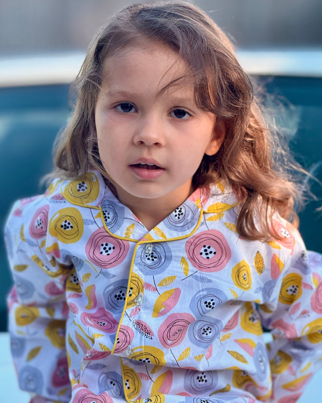 Multicolor Premium Cotton Full Sleeves Floral Printed Collar Style Nightsuit for Girls