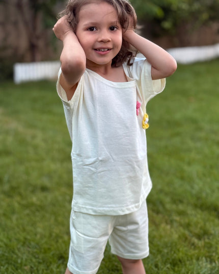 Girls Premium Cotton White T-Shirt & Shorts Set with Multicolor Crochet Flower