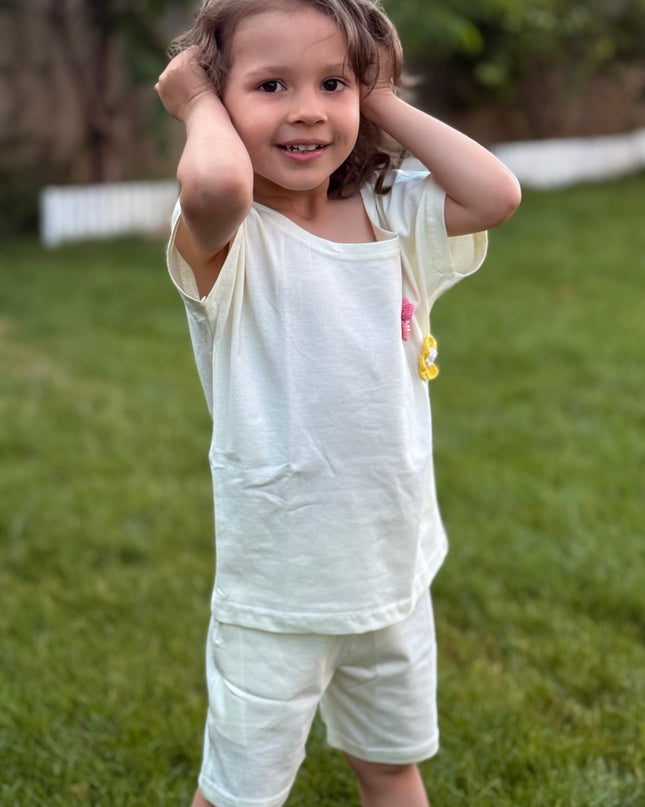 Girls Premium Cotton White T-Shirt & Shorts Set with Multicolor Crochet Flower