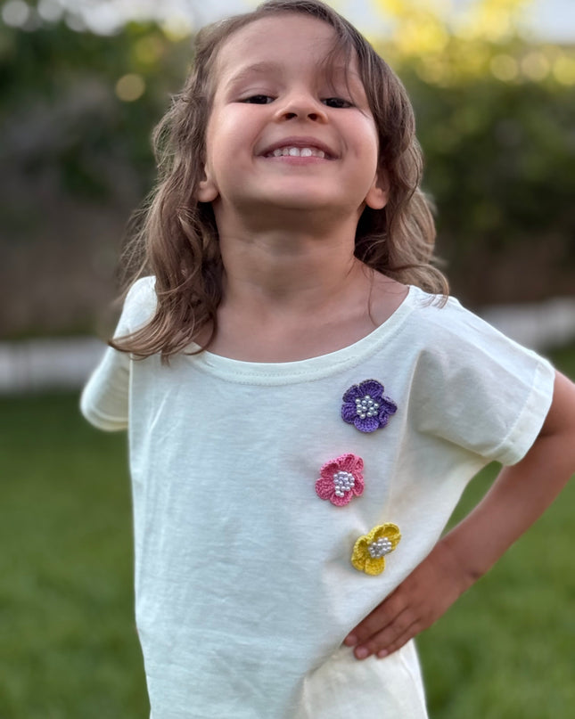 Girls Premium Cotton White T-Shirt & Shorts Set with Multicolor Crochet Flower