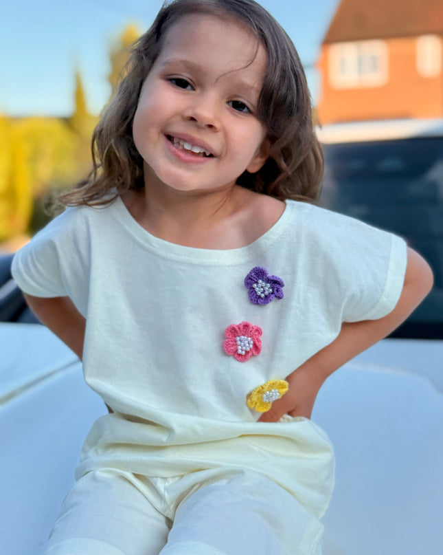 Girls Premium Cotton White T-Shirt & Shorts Set with Multicolor Crochet Flower