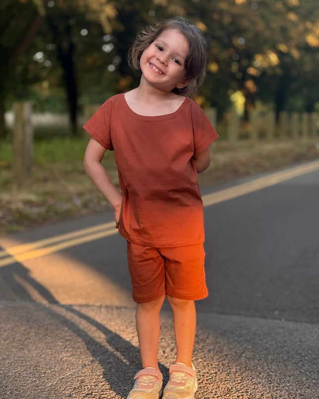 Brown Solid Premium Cotton T-Shirt & Shorts Set with pockets for Girls