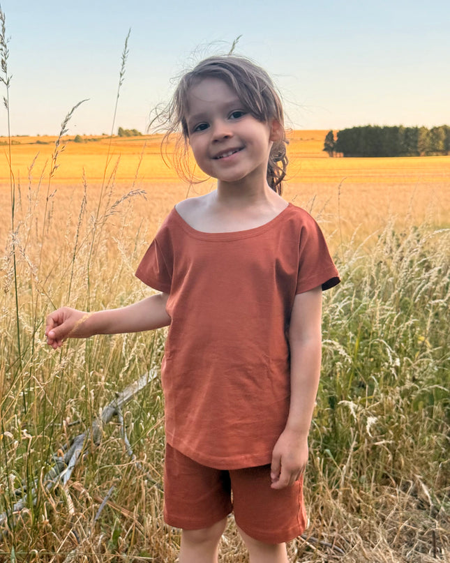 Brown Solid Premium Cotton T-Shirt & Shorts Set with pockets for Girls