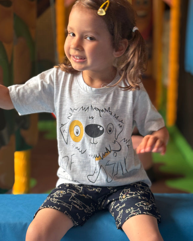 Navy Blue & Grey Puppy Printed Premium Cotton T-Shirt & Shorts Set for Boys & Girls