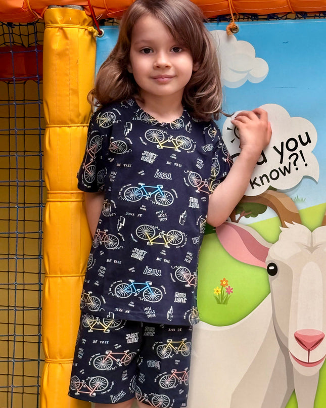 Navy Blue Kids Pure Cotton Half Sleeves Bicycle Printed T-shirt & Shorts Set